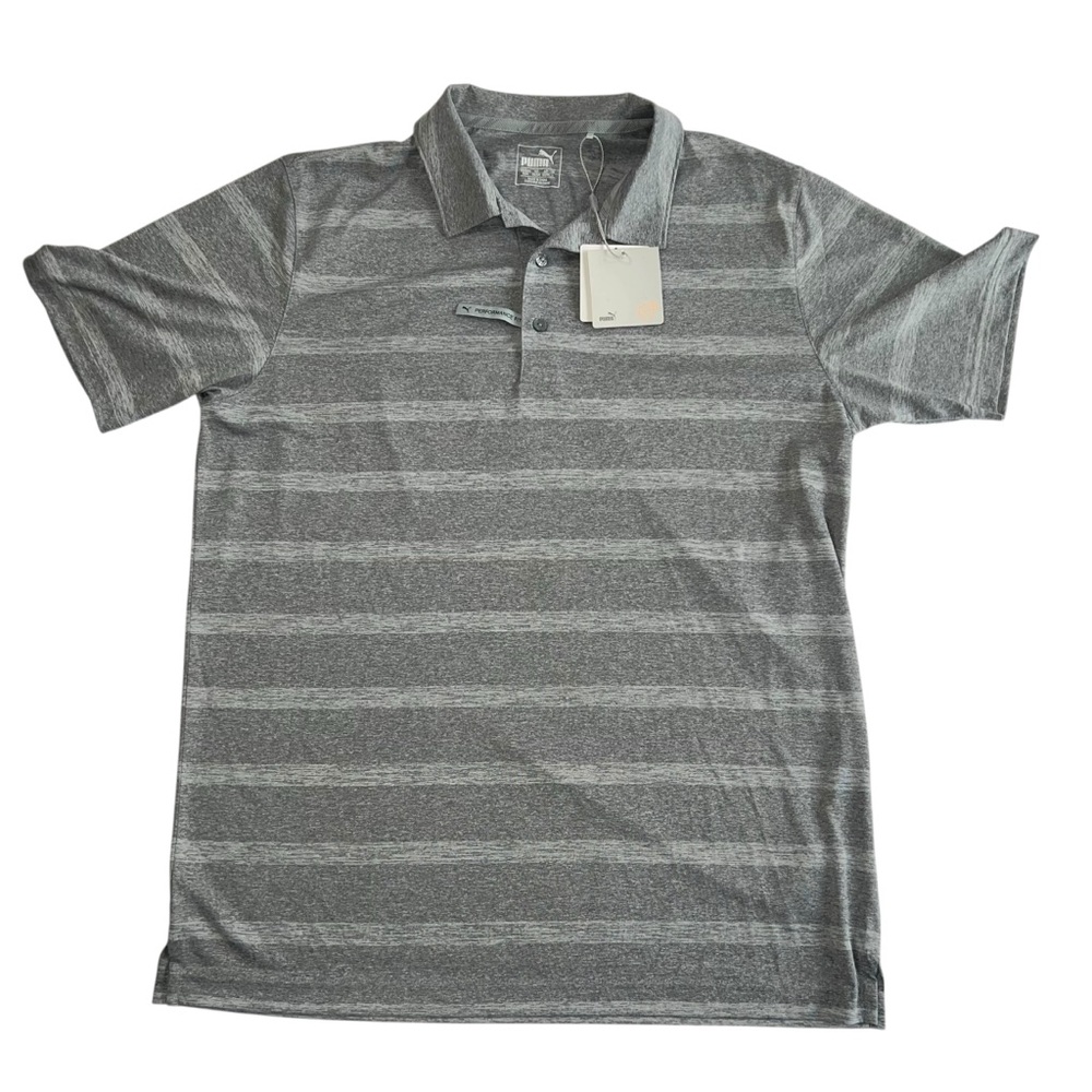 PUMA Golf Performance Fit Polo Shirt Gray Striped DryCELL Medium NWT